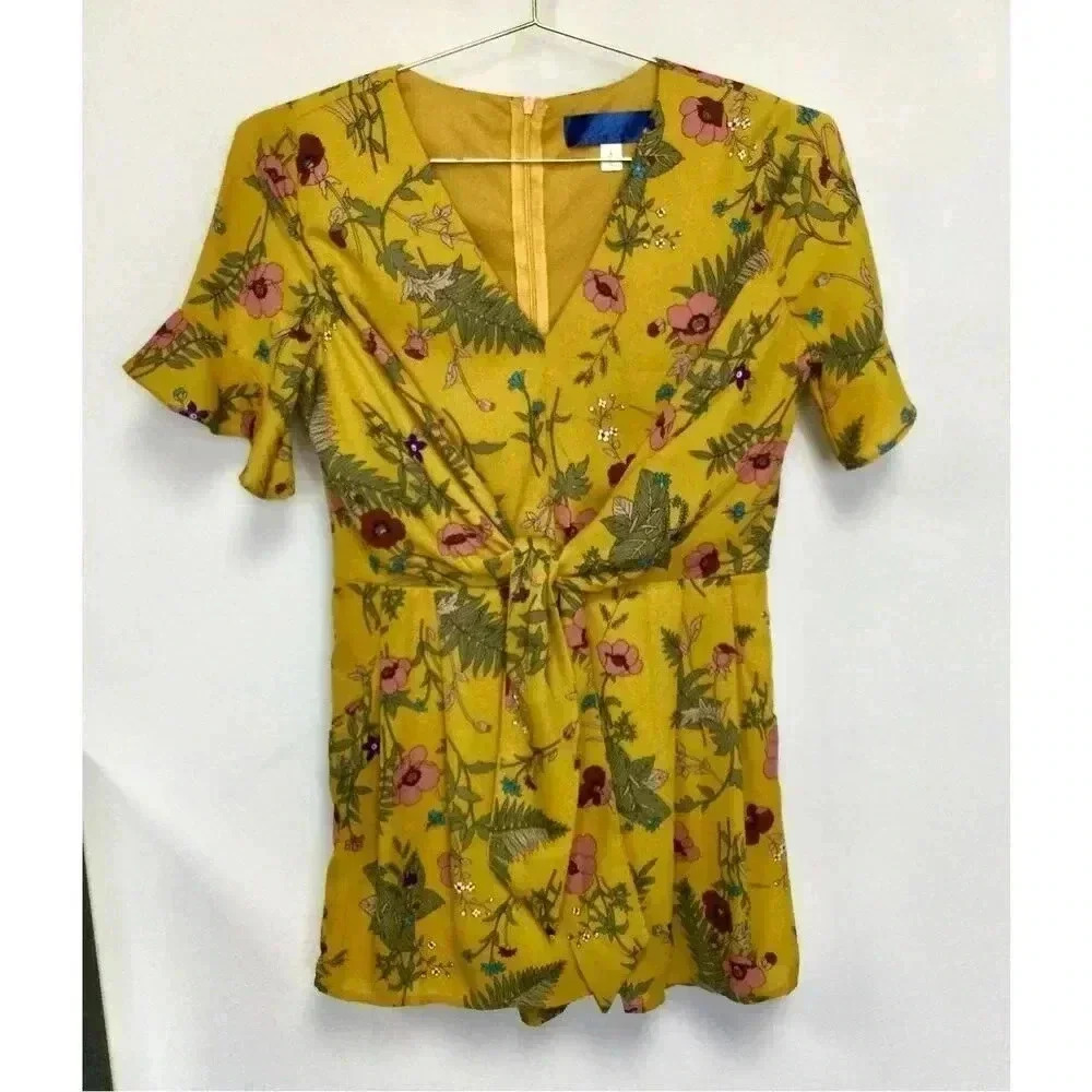 Blue Rain Womens Mustard Yellow Floral Leaf Print Ruffled Romper Dress Small